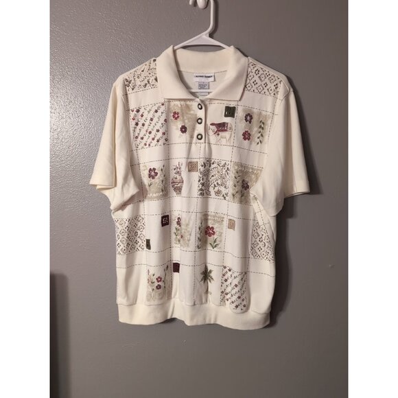 Alfred Dunner L Knit Polo Shirt Patchwork Embroidered Floral Elephant Vintage - Picture 2 of 7